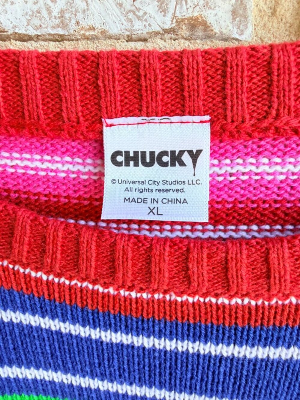 Spirit Halloween Long Sleeve Crew Neck Chucky Good Guys Striped Sweater Size XL - Picture 3 of 7